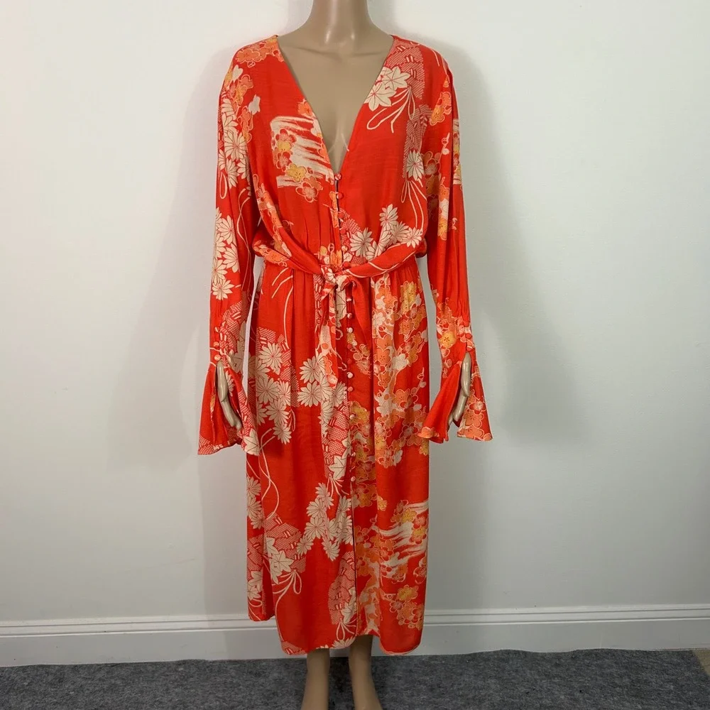 Free People Orange Floral Fan Print Button Front Midi Dress Bell Sleeve Womens M